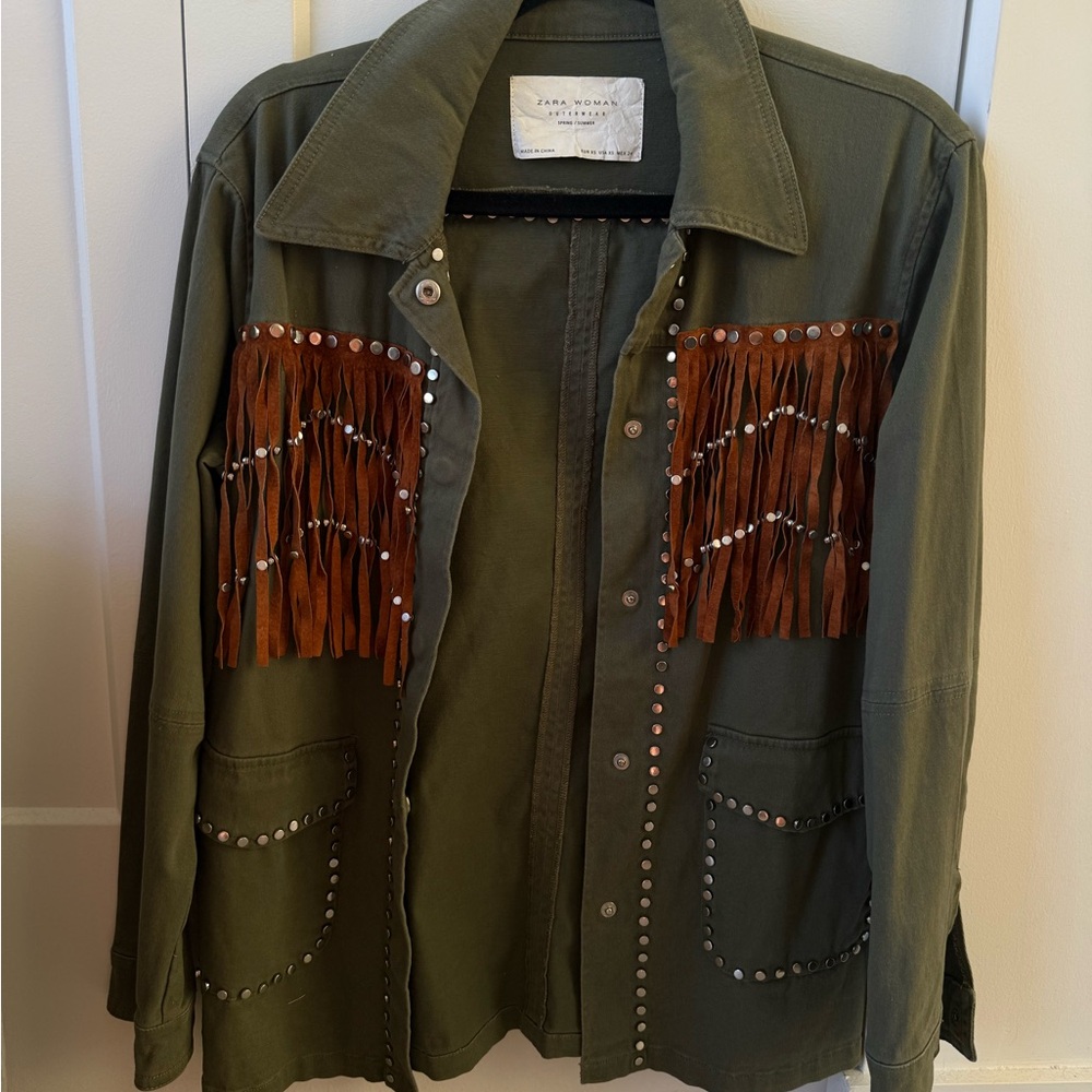 Zara Olive Green Utility Jacket with Brown Fringe & Studs